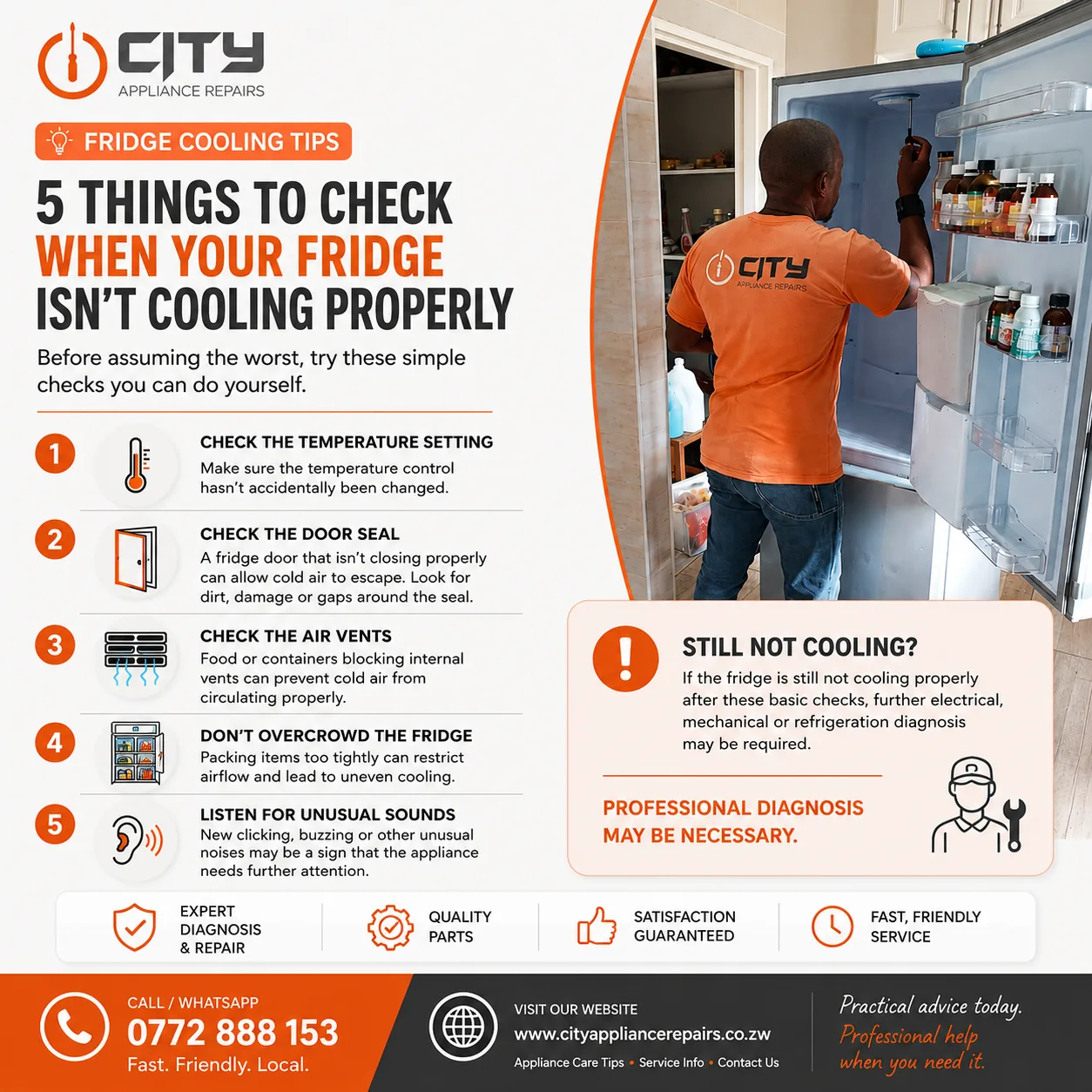 Infographic listing five fridge checks: temperature setting, door seal, air vents, overcrowding and unusual sounds