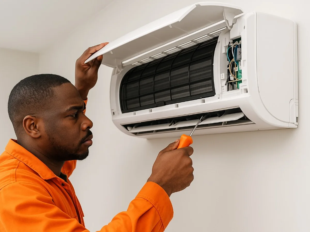 Technician servicing the inside of a split air conditioner unit