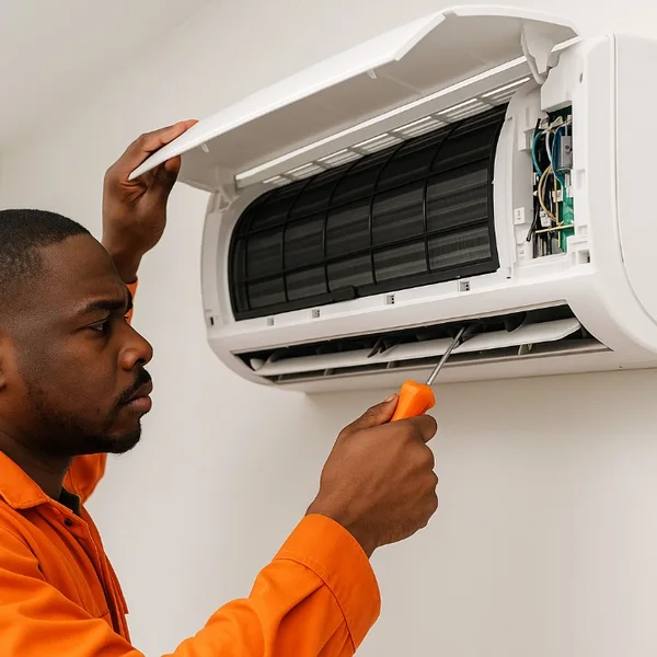 Technician servicing the inside of a split air conditioner unit