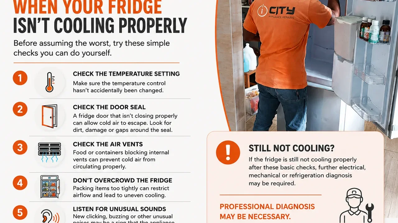 Infographic listing five fridge checks: temperature setting, door seal, air vents, overcrowding and unusual sounds