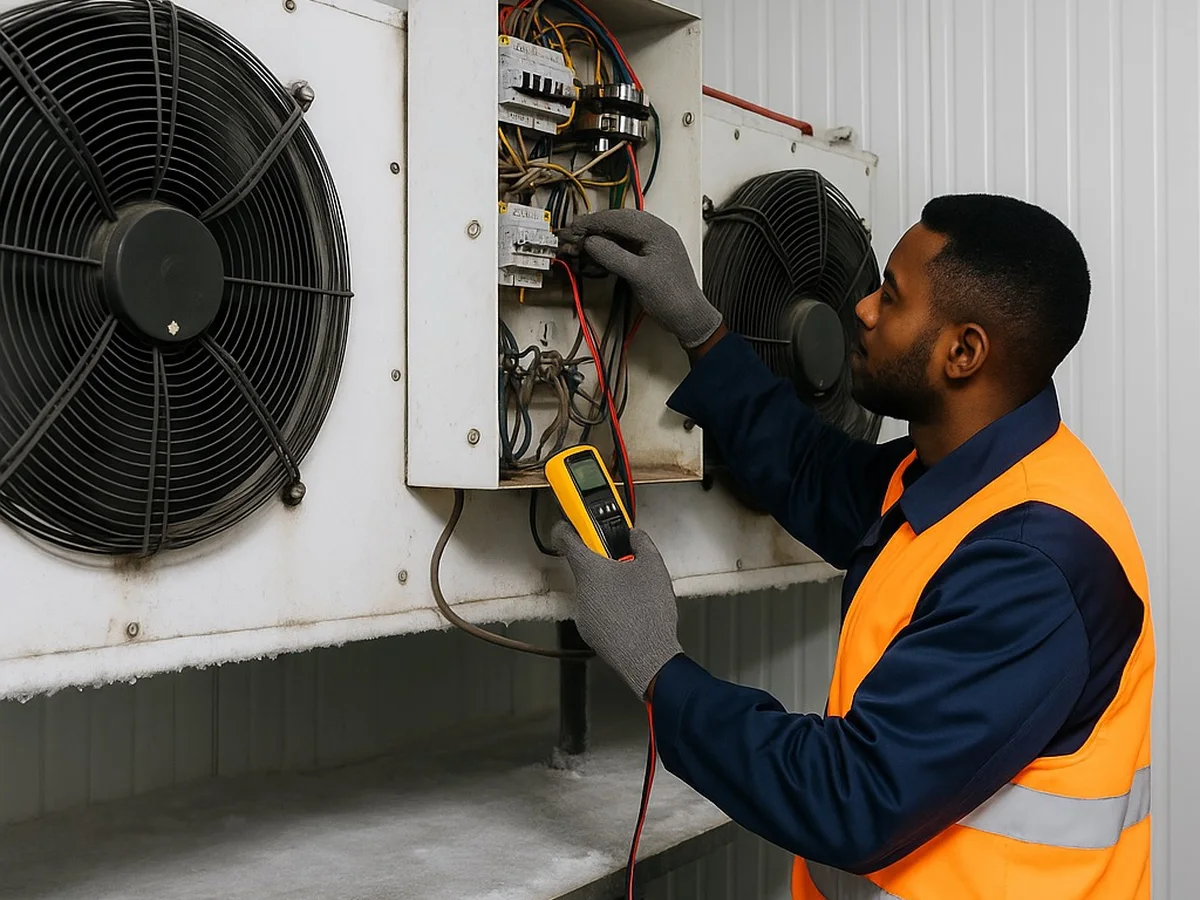 Technician testing the electrical panel of a cold room condenser unit