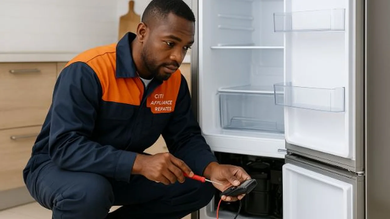 Technician checking the bottom compartment of an open fridge