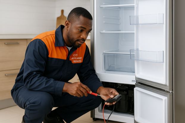 Technician checking the bottom compartment of an open fridge