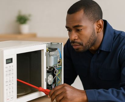 Technician inspecting the inside of a microwave oven with a screwdriver